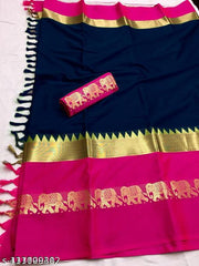 Kasvi Paithani Cotton Silk Saree With Contrast Blouse Piece (Navy & Neon)