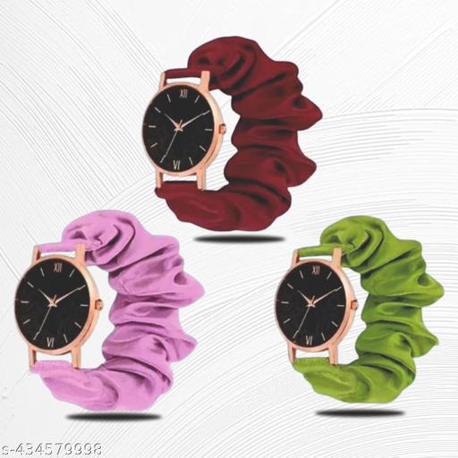 (maroon_pink_green) black flower Dial Ribbiin Strap Watch for Girls_(COMBO-03)