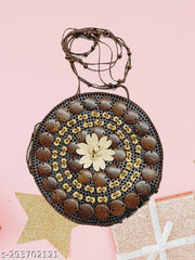 Coconut Shell Beaded Sling Crossbody Long Strap Purse | Handmade Natural Style| Hanging Bag Pack Of 1 Size: 7 X 2 X 7 Inches