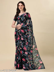 Dori Sarees Black Georgette Saree sari For Woman Without Blouse Piece