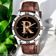 Natrix Analog Round Black Dial ALPHABET R Design Stylish Brown Leather Strap Classic Design Fancy Wrist Watch for Men and Boys, Pack of 1 - ALPHA-R-AVO-SIL-BRW-CHL