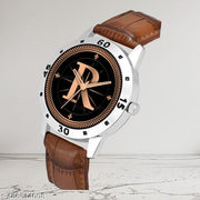 Welix Analog Round Black Dial ALPHABET R Design Stylish Brown Leather Strap Classic Design Fancy Wrist Watch for Men and Boys, Pack of 1 - ALPHA-R-AVO-SIL-DBRW-CRL