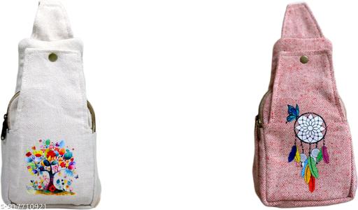 Cream & Pink Canvas Sling Bag with Colorful Tree and Dreamcatcher Print | Adjustable Crossbody Shoulder Bag for Women & Girls | Casual Travel College Daily Use Handbag