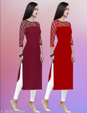 Pack of 1 Casual American Crepe And Net Round-Neck 3/4 Length Sleeves Maroon & Red Kurti (42"Inches)
