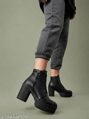 KLIEV PARIS | Women's Black Ankle Length High Block Heel Platform Boots | Front Lace-Up & Side Zipper Heeled Boots with Heavy Anti-Skid Lug Sole for Girls