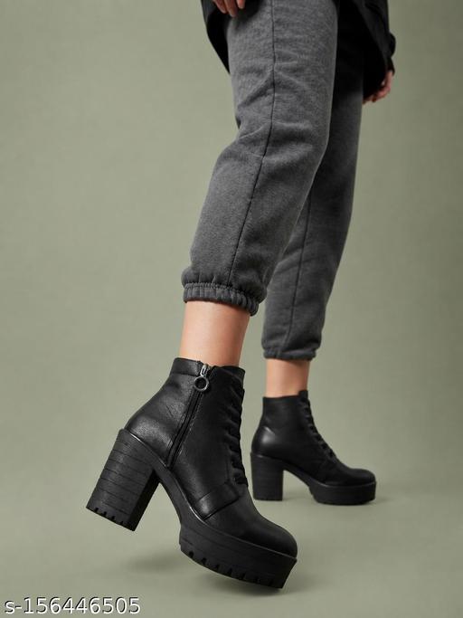 KLIEV PARIS | Women's Black Ankle Length High Block Heel Platform Boots | Front Lace-Up & Side Zipper Heeled Boots with Heavy Anti-Skid Lug Sole for Girls