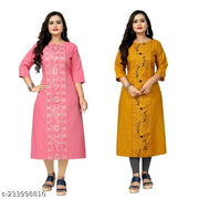 Cotton Blend Round Neck Embroidered Straight Kurta For women (Pink,Yellow) |Kurtas| (Pack of 2)