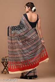 Traditional Women's Summer Special Jaipuri Hand Block Ajrakh Printed Cotton Mulmul Saree with Unstitched Blouse Piece