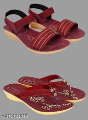 Hiyaga Women Red Fancy Sandal and Red Slipper Stylish Comfortable, Light Weight Pack of 2