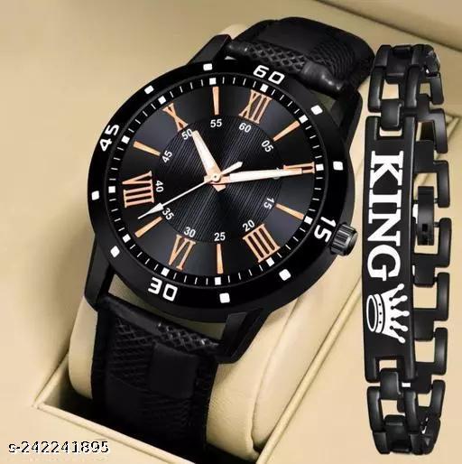 King Bracelt and Luxury Black lather Designer Watch Combo King Bracelet Designer Lather Strap Stylish Sport Look Boys watch for men Analog Watch - For Men"