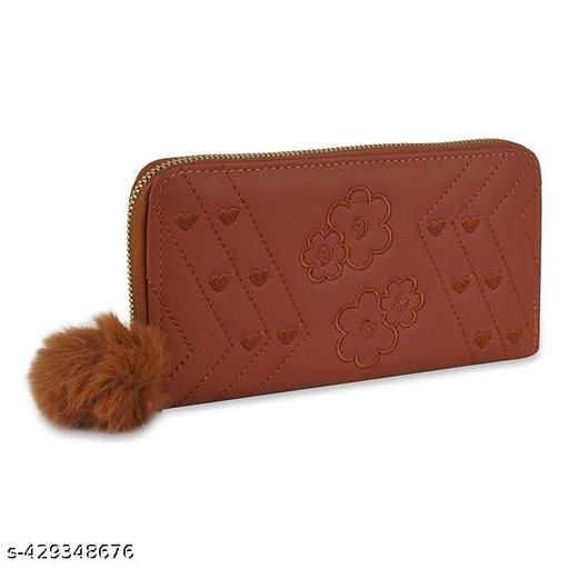  Purse Clutch Wallet for Women - PU Leather Single Zip Card Coin Holder Long Pom Pom