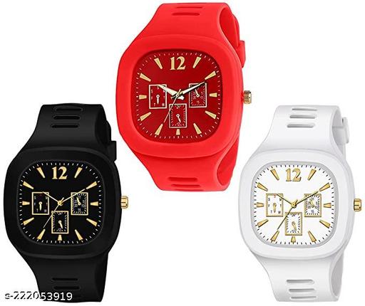 Square Dial Black Blue Grey White Red Analog Watches with Silicon Strap Stylish ADDI Designer Combo Watch for Mens & Boys Pack of 3