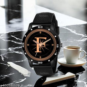 Femeo  Analog 9109 Watches Round Black Dial F Design Stylish Black PUU Strap Classic Design Fancy Wrist Watch for Men and Boys, Pack of 1 - A07ZALPHA-F-AVO-BLK-SFR