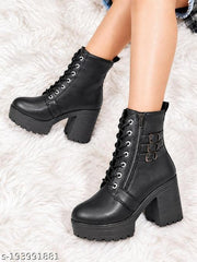 KLIEV PARIS | Women's Black Lace-Up Ankle Length Block Heel Boots | Side Zipper Chunky Platform Boots with Triple Ankle Buckle Straps for Girls