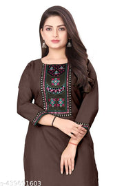 Women Embroidered Kurti -Brown