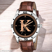Natrix Analog Round Black Dial ALPHABET K Design Stylish Brown Leather Strap Classic Design Fancy Wrist Watch for Men and Boys, Pack of 1 - ALPHA-K-AVO-SIL-BRW-CHL