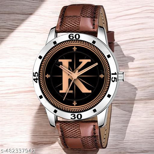 Natrix Analog Round Black Dial ALPHABET K Design Stylish Brown Leather Strap Classic Design Fancy Wrist Watch for Men and Boys, Pack of 1 - ALPHA-K-AVO-SIL-BRW-CHL