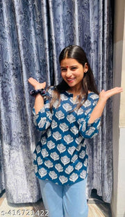 Teal Blue Short Kurti For Women and Girls, Handblock Printed Kurti