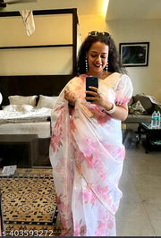 BollyWood Floral White Colour Digital OrganZa Print Saree Special For Hot Summer with Fully Stitched Blouse By Most Trusted Brand KRADDLE