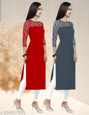 Pack of 1 Casual American Crepe And Net Round-Neck 3/4 Length Sleeves Red & Grey Kurti (42"Inches)