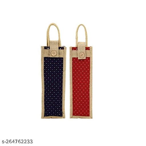 (Red-Blue) Buy 2-Pack Water Bottle Bag, Jute Wine Bottle/Mini Lunch Box Carry Cover with Handles & Safety Cover with Button