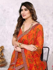 Orange Saree with Lace Border, Comfortable Georgette Printed Daily Wear Saree with unstitched Blouse Piece, New Arrival Latest saree, Trending Saree