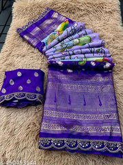 Beautifull Soft Premium Quality Dola Silk Sarees With Patola Design With Foil Print Munia Boder With Contrast Munia  Beautiful Prints Blouse...heavy embroidery work lace saree