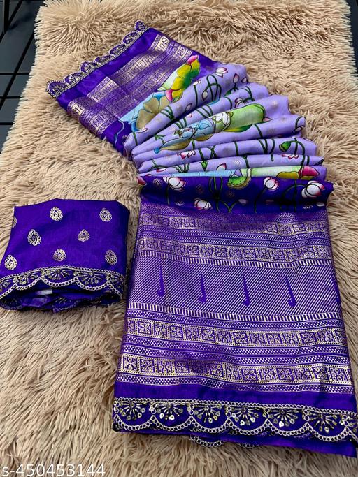 Beautifull Soft Premium Quality Dola Silk Sarees With Patola Design With Foil Print Munia Boder With Contrast Munia  Beautiful Prints Blouse...heavy embroidery work lace saree
