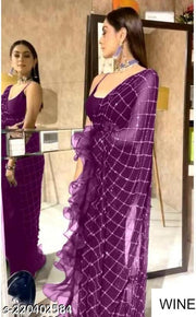 Net Fabric Sequence Work Ruffle Design Saree With Unstitch Blouse