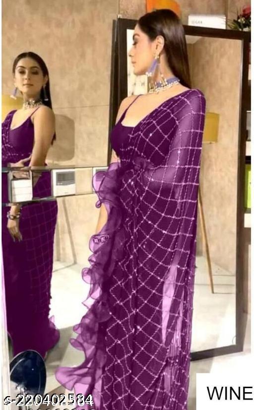 Net Fabric Sequence Work Ruffle Design Saree With Unstitch Blouse