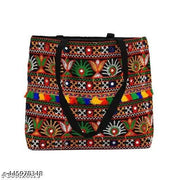 DNOTRO Royal Looking Cotton Traditional Ethnic Rajasthani Jaipuri Embroidered Handbag, Black-Yellow for Girls Women