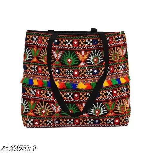 DNOTRO Royal Looking Cotton Traditional Ethnic Rajasthani Jaipuri Embroidered Handbag, Black-Yellow for Girls Women