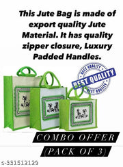 Printed Eco-Friendly Tribal Canvas Print Jute Bag/Shopping Bag/Grocery Bag with Zip Closure (green), Pack of 3