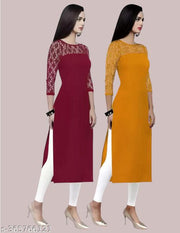 Pack of 1 Casual American Crepe And Net Round-Neck 3/4 Length Sleeves Maroon & Yellow Kurti (42"Inches)