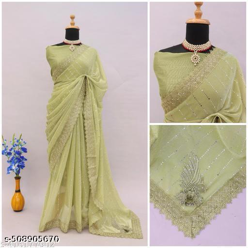 SHIMMER SAREE WITH MIRROR WORK AND CHEMICAL LACE AND DIMOND HAND WORK