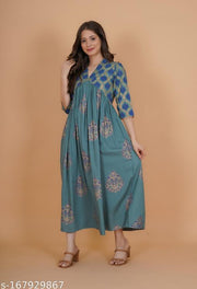 INDIANIC Women Rayon Gold Print Flared Kurta (Green)