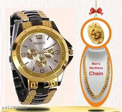 Gold Dial Golden Wrist watch for men watch With free ring And  Men With Free Designer Flat Chain gold plated chain