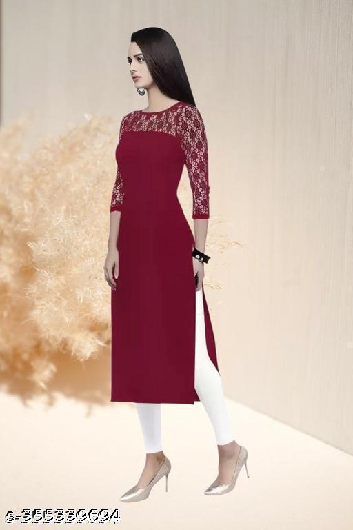 Polyster/Crepe fabric-Casual And Round-Neck 3/4 Length Sleeves Maroon Kurti (42"Inches)