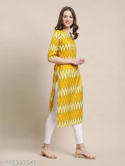 Casual American Crep Round Neck 3/4 Sleeves Geometric Printed Straight Yellow Kurti(45"Inches)