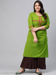 Akiko Women's Plus Size Cotton Slub Regular Straight Kurta (Green)