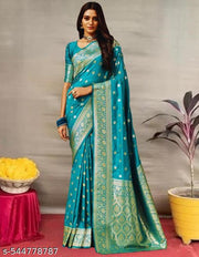 Women's Kanjivaram Soft Banarasi Silk Saree With Blouse Piece Firozi