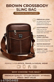 Brown Stylish PU Leather Sling Bag for Men & Women | Brown Crossbody Shoulder Bag | Office, Travel & Daily Use