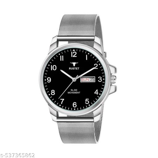 RUSTET Analog New Track Number Dial Day Date Functioning Steel Strap Watch for Men