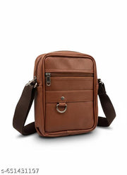 Unisex Retro Faux Leather Sling Bag | Compact Travel Side Bag with Multi-Pockets & D-Ring| Cross bady bag | Pure leather finish | Brown colour sling bag.