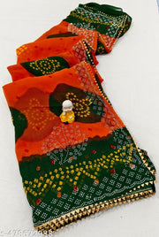 Meesho Trading Beautiful Ston Work Georgette Fabric Saree(Green&Orange)