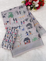 Cotton Linen Grey Kasavu Flower Digital Print Saree Designer And Fancy Bollywood Partywear Wedding Traditional Latest Trends Sari