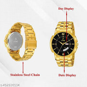 XTIME Analogue Day & Date Watch Round Black Dial & Gold Chain for Men's & Boys