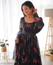 Flower Printed Long Gown with Dupatta (No Bottomwear)