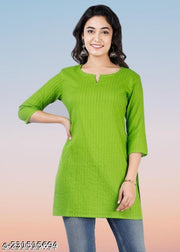 Womens Pintucks Solid Short Kurti Green