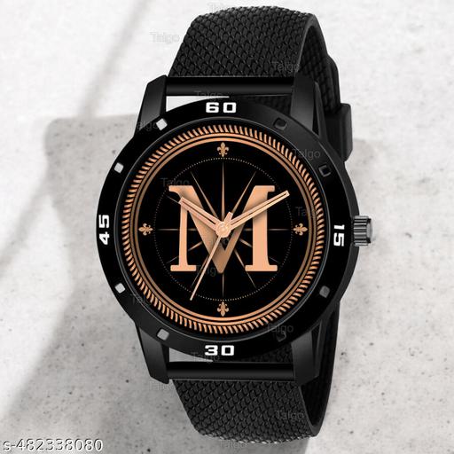 Natrix Analog Round Black Dial ALPHABET M Design Stylish Black Silicone Strap Classic Design Fancy Wrist Watch for Men and Boys, Pack of 1 - ALPHA-M-AVO-BLK-SFR